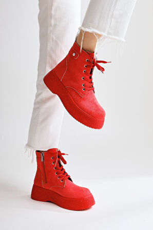 Kadın Postal Bot Bağcıklı Yandan Fermuarlı Kırmızı Termo Kaymaz Taban