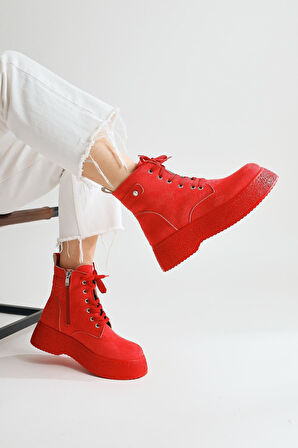 Kadın Postal Bot Bağcıklı Yandan Fermuarlı Kırmızı Termo Kaymaz Taban