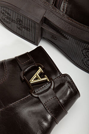 Kadın Tokalı Soğuk Geçirmez Parlak Kahverengi Kışlık Bot