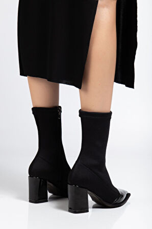 Kadın Siyah Streç Rugan Bilekli Orta Boy Topuklu Bot