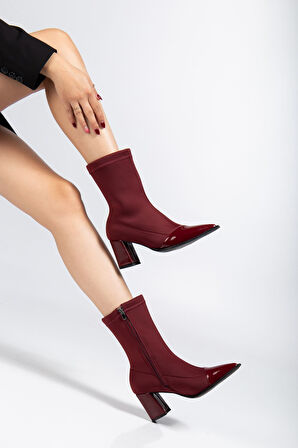 Kadın Bordo Streç Rugan Bilekli Orta Boy Topuklu Bot