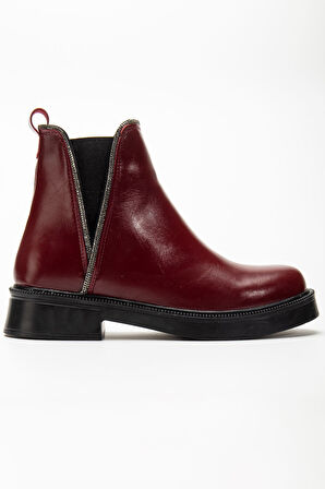 Bordo Kırışık Rugan Taş Aksesuarlı Lastikli Günlük Kadın Bot