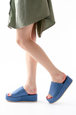 Açık Kot Geniş Bantlı Dolgu Kadın Terlik