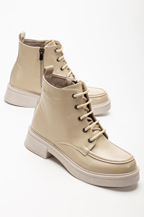 Bej Kırışık Rugan Bağcıklı Fermuarlı Günlük Kadın Bot