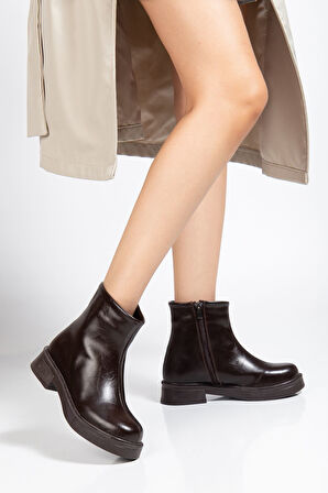 Kahve Kırışık Rugan Fermuarlı Günlük Kadın Bot