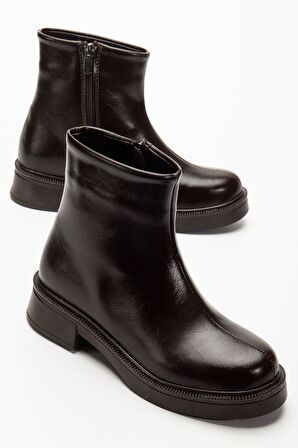 Kahve Kırışık Rugan Fermuarlı Günlük Kadın Bot