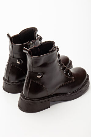 Kahve Kırışık Rugan Bağcıklı Fermuarlı Günlük Kadın Bot