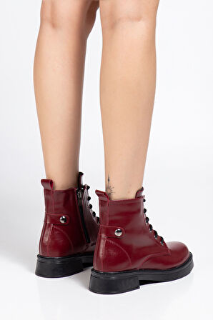 Bordo Kırışık Rugan Bağcıklı Fermuarlı Günlük Kadın Bot