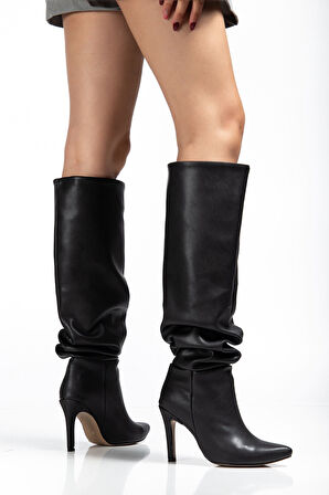  Siyah Körüklü İnce Topuklu Günlük Kadın Çizme