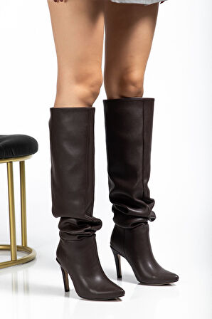 Kahve Körüklü İnce Topuklu Günlük Kadın Çizme