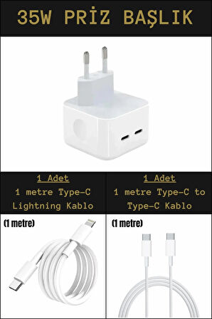35w Çift Girişli Type-C Priz Başlık + 2 Adet Şarj Kablo Seti İphone/Samsung/Xiamoi/Huawei