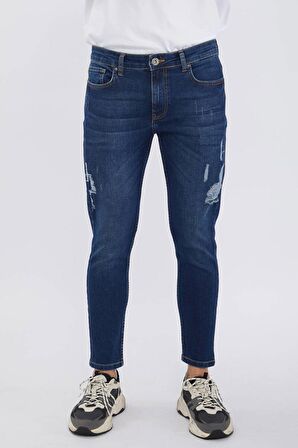 Erkek Lacivert Bilek Boy Yırtık Skinny Fit Jean Pantolon