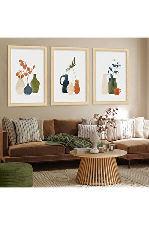 Gümüş Aynalı Pleksi Çerçeveli Üçlü Soyut Desen Çiçek Üçlü Mdf Tablo Seti