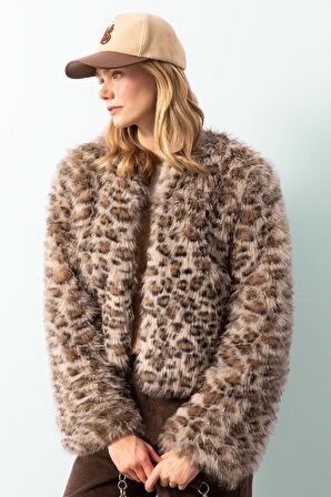 DeFacto Regular Fit Leopar Desenli Suni Kürk Ceket Mont D6650AX24WNBG778