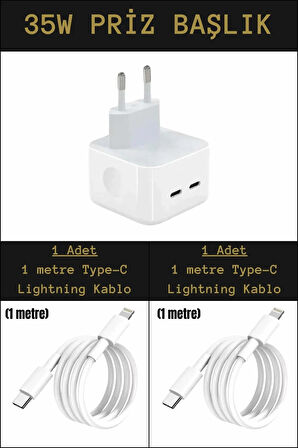 35w Çift Girişli Type-C Priz Başlık + 2 Adet TypeC Lightning Şarj Kablo Seti İphone/Samsung/Xiamoi/Huawei