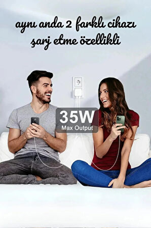 35w Çift Girişli Type-C Priz Başlık + 2 Adet TypeC Lightning Şarj Kablo Seti İphone/Samsung/Xiamoi/Huawei