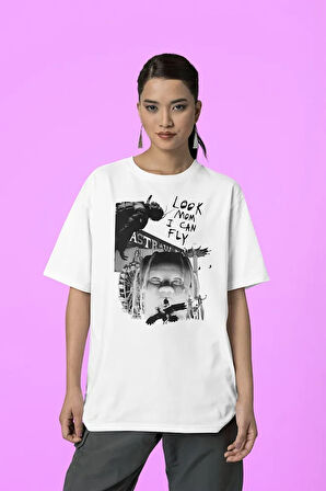 Look Mom I Can Fly Travis Scott Baskılı Unisex Tişört, Oversize Rapper Rap Tişört