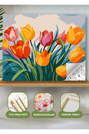 Sayılarla Boyama Seti 40x50 Cm (Çıtalı) Fırça Boya Dahil Numaralı Tuval Rengarenk Laleler