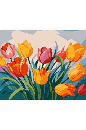 Sayılarla Boyama Seti 40x50 Cm (Çıtalı) Fırça Boya Dahil Numaralı Tuval Rengarenk Laleler