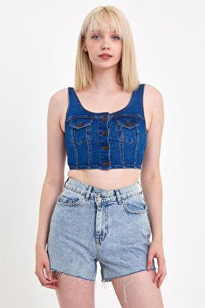 Kadın Önü Düğmeli Cep Detaylı Askılı Denim Crop Lacivert