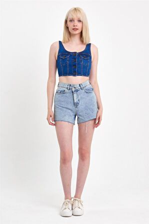 Kadın Önü Düğmeli Cep Detaylı Askılı Denim Crop Lacivert