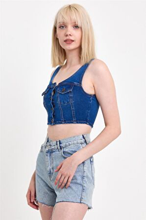 Kadın Önü Düğmeli Cep Detaylı Askılı Denim Crop Lacivert