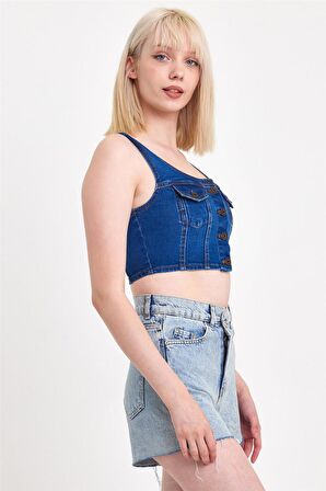 Kadın Önü Düğmeli Cep Detaylı Askılı Denim Crop Lacivert