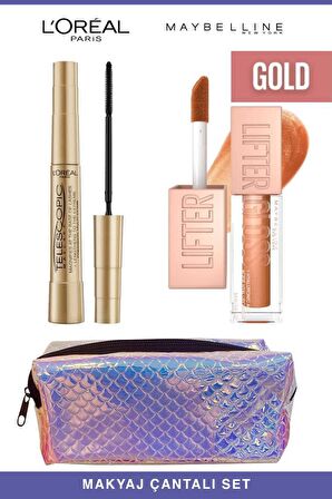 Loreal Telescopic Anında Uzun Kirpikler-Maybelline Işıltılı ve Dolgun Dudaklar 019 Gold Makyaj Seti