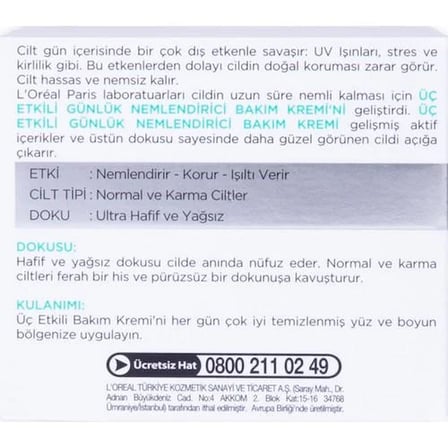 L'Oréal Paris 3 Etkili Günlük Bakım Kremi Normal Ve Karma Ciltler 50 ml