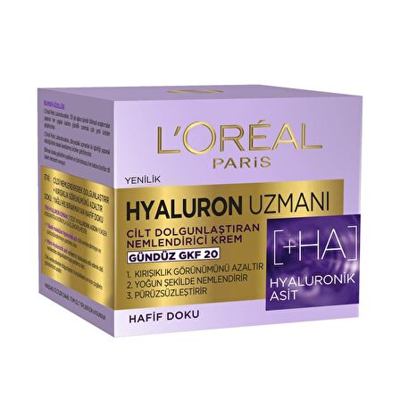 L'Oreal Paris Hyaluron Uzmanı Tüm Cilt Tipleri İçin Su Bazlı Yağsız SPF20 Nemlendirici Yüz Bakım Kremi 50 ml