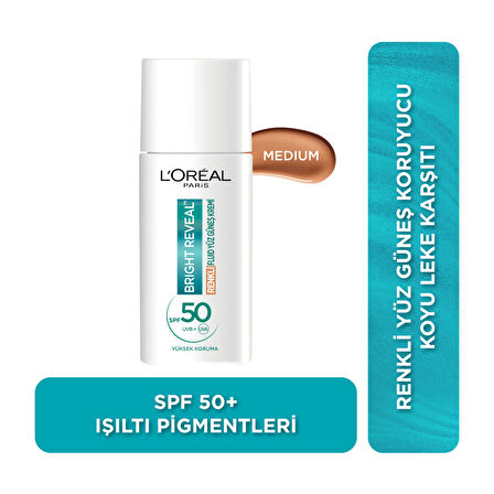 L'Oréal Paris Bright Reveal Spf 50+ Koyu Leke Karşıtı Renkli Fluid Günlük Yüz Güneş Kremi 50 ml - Medium