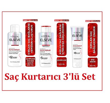 Elseve Bond Repair Saç Bağlarını Güçlendirici Şampuan 200ml &Saç Krem 150ml & Serum  200ml  3'lü SET