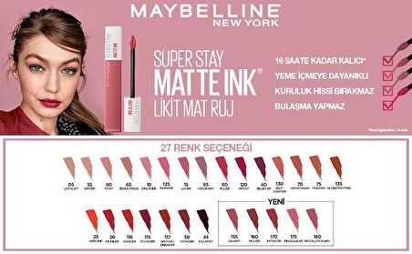 Maybelline Gün Boyu Kalıcı Etki Sunan Süper Mat Likit Ruj 175 Ringleader X2