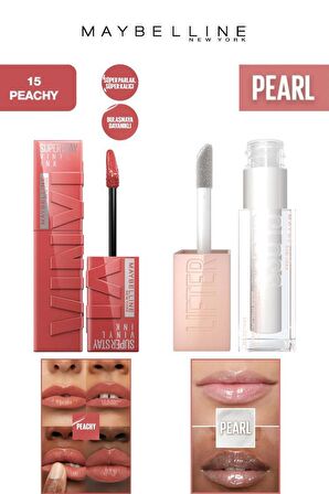 Maybelline Dudak Dolgunlaştırıcı Parlatıcı Kalıcı Işıltılı Dudaklar Nemlendirici Lip Gloss Seti 15 Peachy-001 Pearl