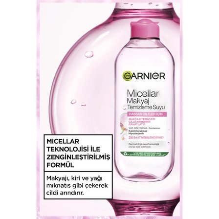 Garnier Micellar Makyaj Temizleme Suyu 400ML, 24 Saat Nemlendirme, Hassas Ciltler için