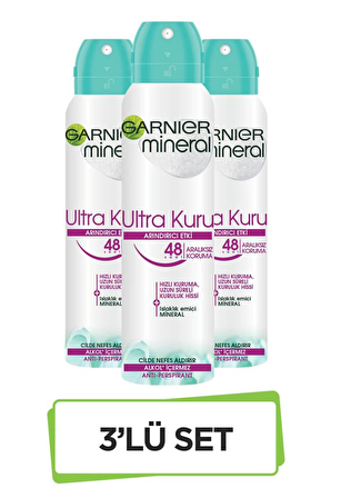 Garnier Ultra Kuru Antiperspirant Ter Önleyici Leke Yapmayan Kadın Sprey Deodorant 150 ml x 3