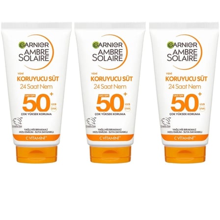 Garnier Ambre Solaire Kuruma Karşıtı Koruyucu Süt Güneş Kremi SPF50+ 50 ML x 3 adet