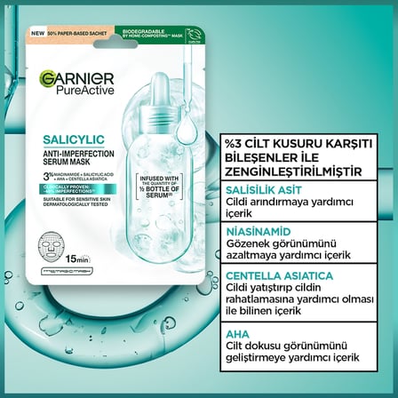 Garnier Salisilik Cilt Kusuru Görünümü Karşıtı Maske, (3% Niasinamid, AHA, Centella Asiatica), Vegan & Cruelty Free