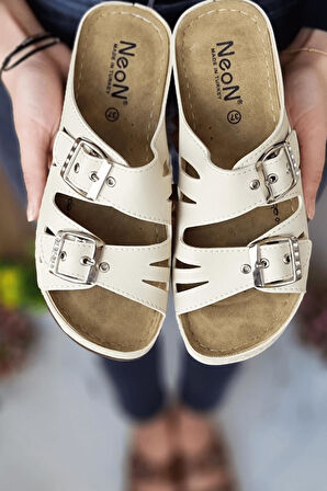 Darma Kadın Günlük Terlik Çift Bant Taşlı Tokalı Ortopedik Taban Anne Dışarı & Ev İçi Terliği