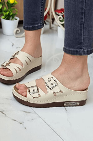 Darma Kadın Günlük Terlik Çift Bant Taşlı Tokalı Ortopedik Taban Anne Dışarı & Ev İçi Terliği