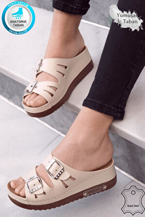 Darma Kadın Günlük Terlik Çift Bant Taşlı Tokalı Ortopedik Taban Anne Dışarı & Ev İçi Terliği