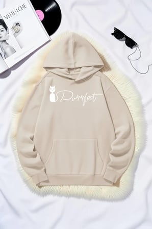 Unisex Cat Purrfect Baskılı Oversize Hoodie Kapüşonlu Sweatshirt