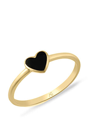 Siyah Mineli Altın Minimal Kalp Yüzük