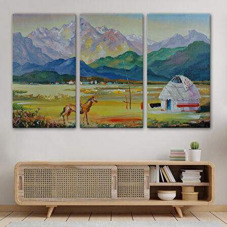 Kazakistan da Bir Göçebe Çadırı Yağlıboya Görünüm Dekoratif Kanvas Duvar Tablosu-3601