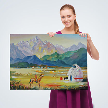 Kazakistan da Bir Göçebe Çadırı Yağlıboya Görünüm Dekoratif Kanvas Duvar Tablosu-3601