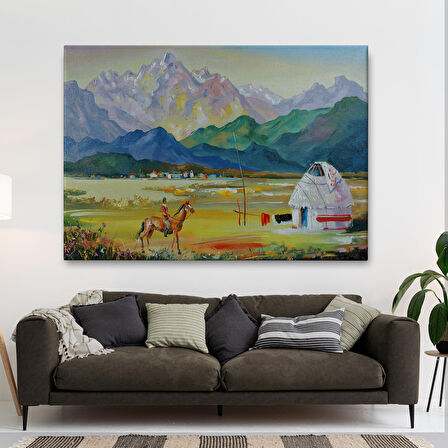 Kazakistan da Bir Göçebe Çadırı Yağlıboya Görünüm Dekoratif Kanvas Duvar Tablosu-3601