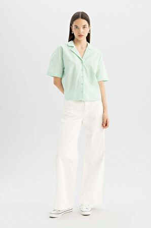 DeFacto Coool Oversize Fit Pijama Yaka Flamlı Pamuk Kısa Kollu Gömlek C0743AX24SMGN240
