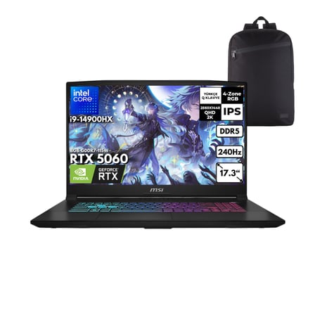 MSI KATANA 17 HX Core i9-14900HX 64-GBDDR5 1 TBSSD RTX5060 (8GB-GDDR7-115W) 17.3" QHD 2K 240Hz Windows 11 Home + QB Sırt Çantası B14WFK-217TRQB2