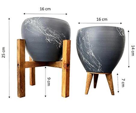 Ev Dekorasyon Gri Üzeri Beyaz Mermer Efektli Toprak Saksı Saksılık Salon Çiçeklik İkili Set 3 Ayaklı- 4 Ayaklı- 15 Cm