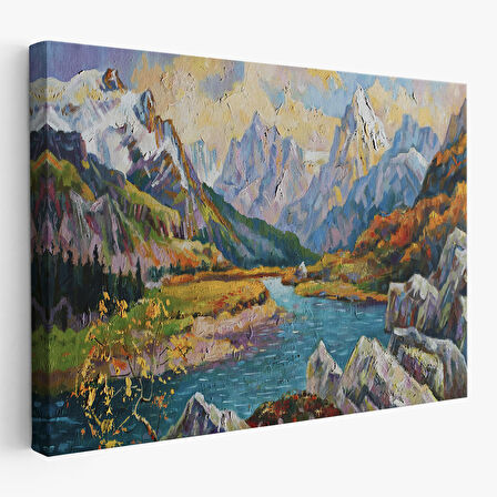 Kafkas Dağları Manzaralı Yağlıboya Görünüm Dekoratif Kanvas Duvar Tablosu-3603